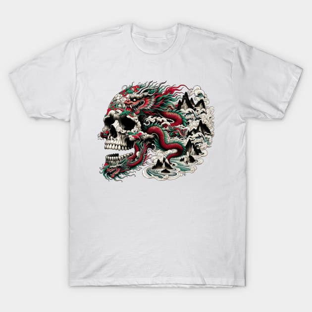 Skull and Chinese Dragon T-Shirt by TooplesArt